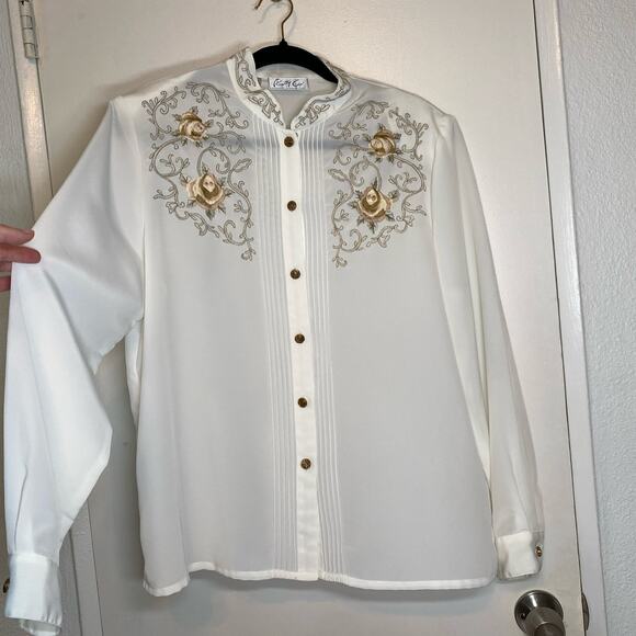 Vintage Victorian Cottagecore boho romantic Embroidered White Rosebud blouse 14 - Picture 3 of 11
